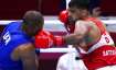 Satish Kumar, right, of India exchanges punches with Ricardo Brown of Jamaica 