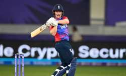 Eoin Morgan of England hits runs during the ICC Men's T20 World Cup match between England and West I