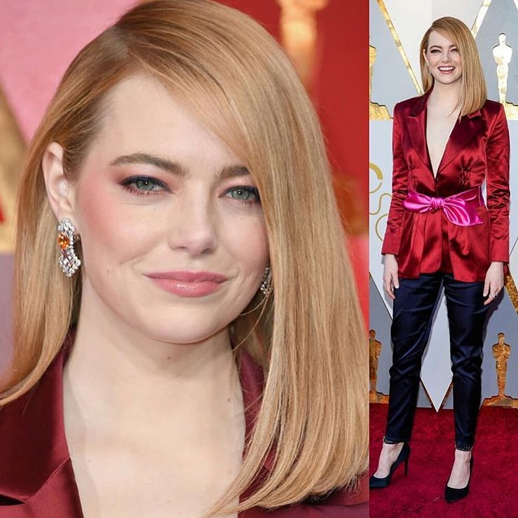 The last year’s Best Actress winner turned up at the Oscars red carpet in trousers. She wore a silky Louis Vuitton Suit and styled her hair in deep side part. 
