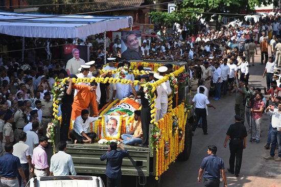 Mortal remains of Goa Chief Minister Manohar Parrikar while being taken to BJP office from his residence, in Panaji.
