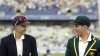 Joe Root of England and Tim Paine of Australia meet for the