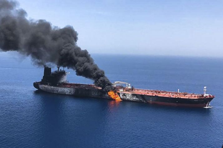 An oil tanker is on fire in the sea of Oman