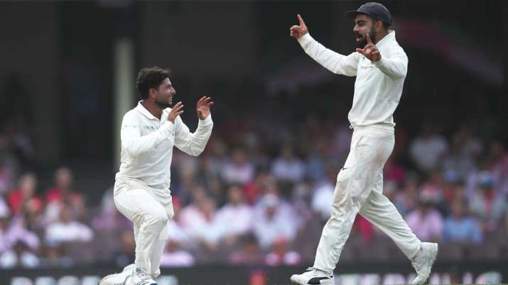 Kuldeep Yadav of India celebrates dismssing Travis Head of
