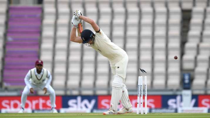 Dom Sibley of England is bowled by Shannon Gabriel of the