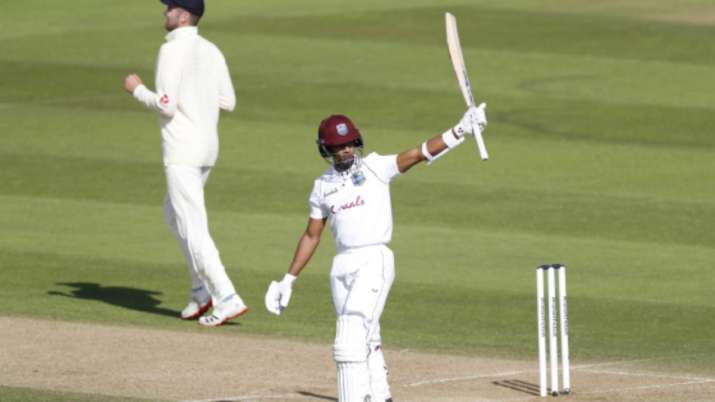 Shane Dowrich of the West Indies celebrates his half