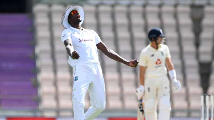 Jason Holder reacts after a dismissal on day 4 of the first
