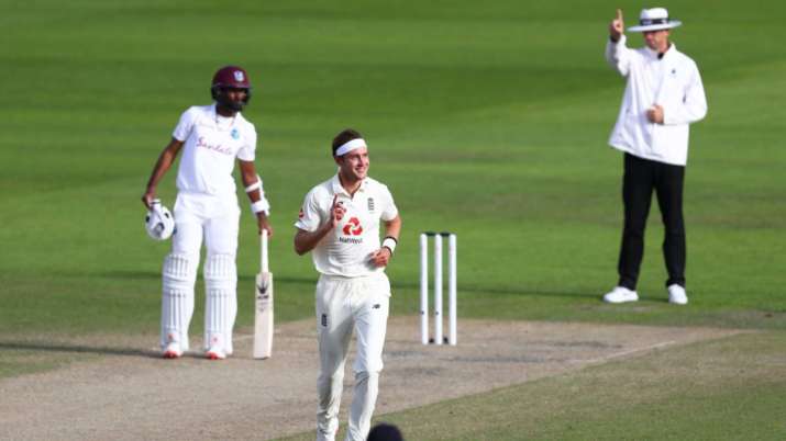 Stuart Broad of England celebrates after taking the wicket