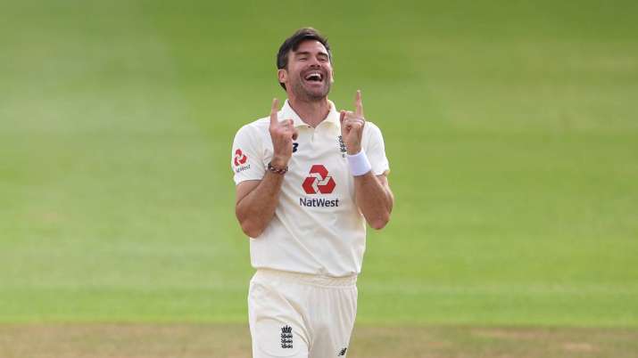 James Anderson of England celebrates after taking the