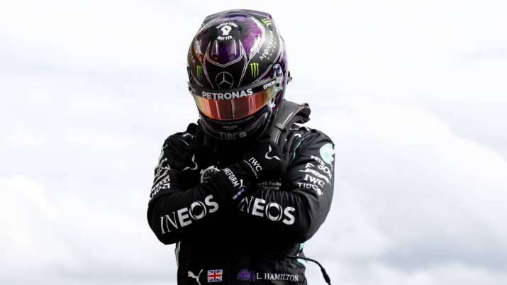 Mercedes driver Lewis Hamilton of Britain reacts after the