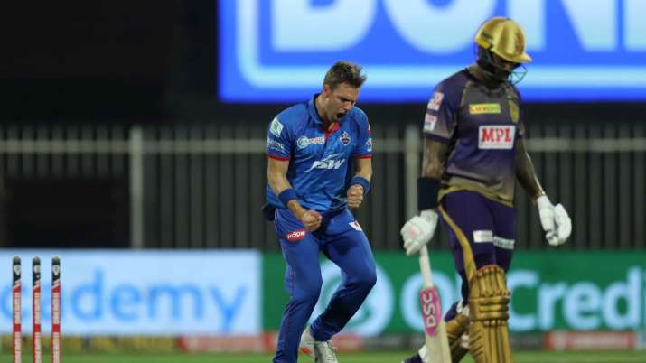 Anrich Nortje reacts after picking a wicket against KKR