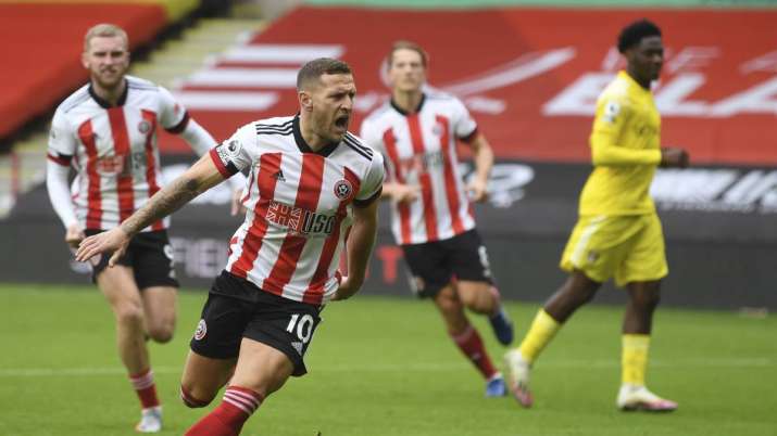 Sheffield United's Billy Sharp celebrates after scoring his