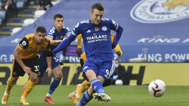 Leicester's Jamie Vardy scores his side's opening goal