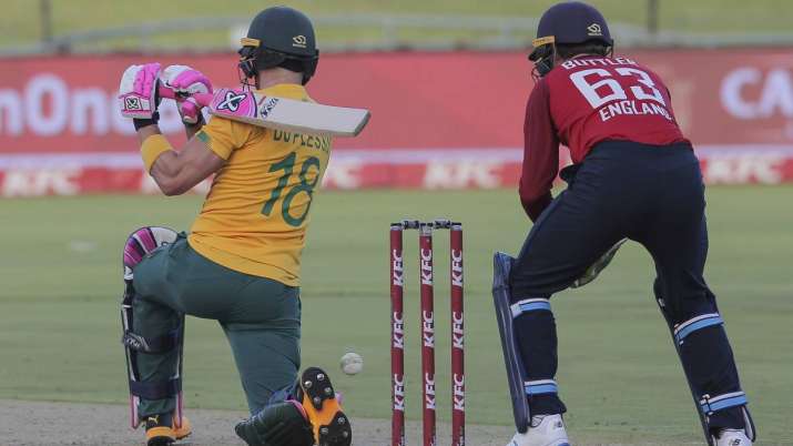 South African batsman Faf Du Plessis miss hits the ball