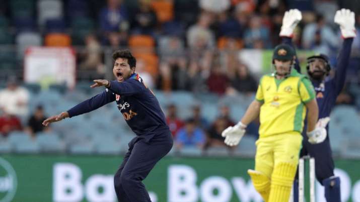 India's Kuldeep Yadav, left, appeals unsuccessfully for an