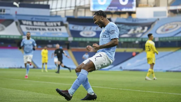 Manchester City's Raheem Sterling celebrates after scoring