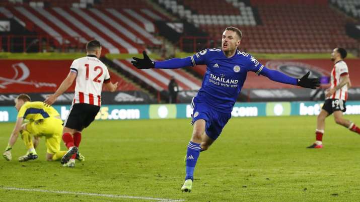 Leicester's Jamie Vardy celebrates after scoring his side's