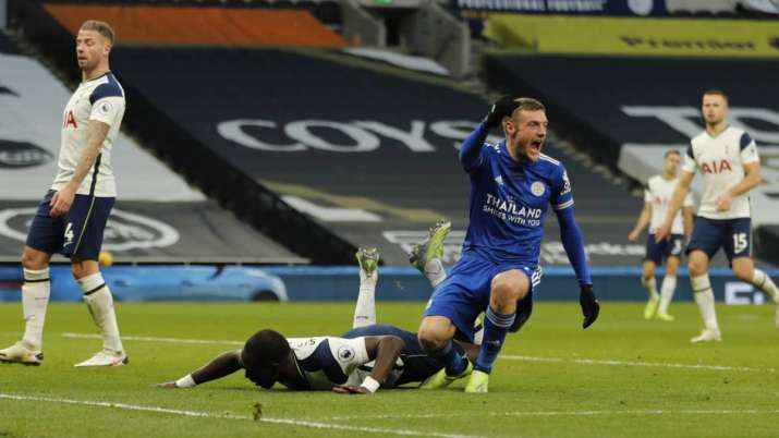 Leicester's Jamie Vardy, right reacts and celebrates after