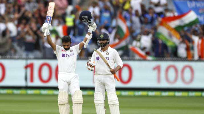 Ajinkya Rahane celebrates his 12th Test century at the MCG