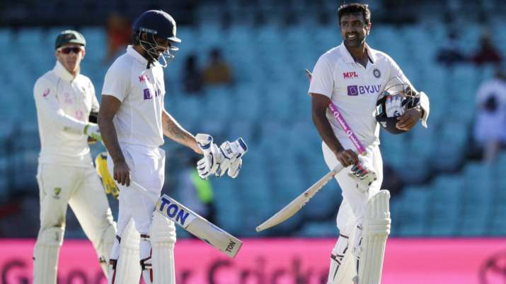 Not out batsman India's Ravichandran Ashwin, right, and