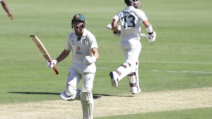 Australia's Marnus Labuschagne celebrates on reaching his