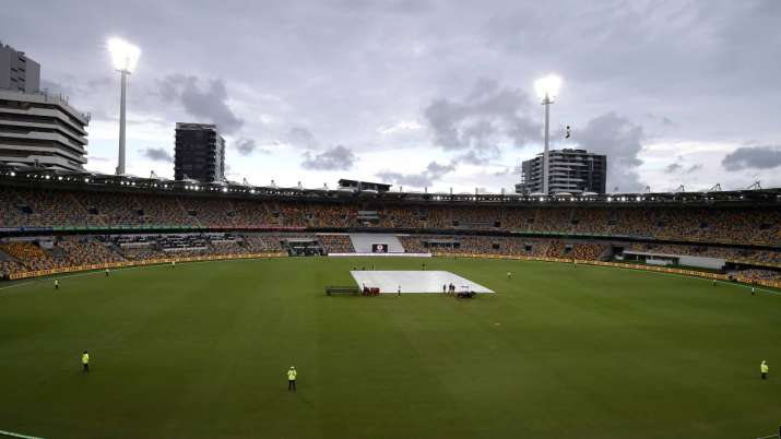 A general view as rain delays play during day four of the