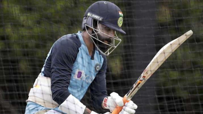 India's Ravindra Jadeja bats in the nets during training at