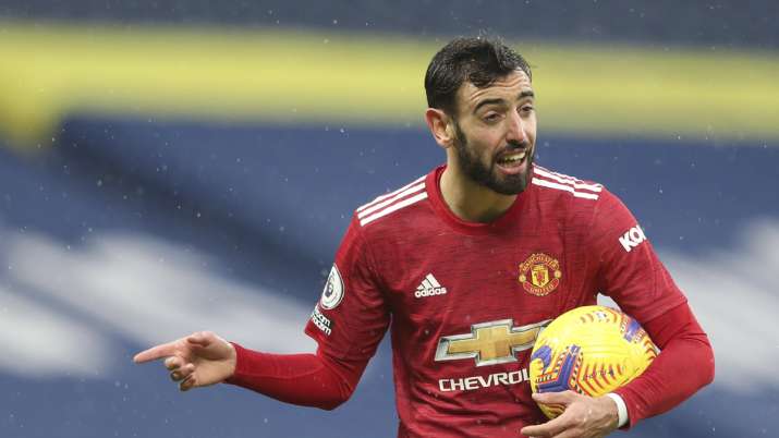 Manchester United's Bruno Fernandes gestures during the