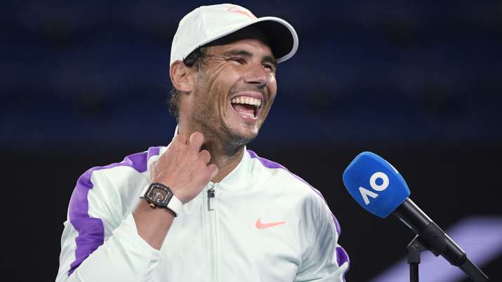 Spain's Rafael Nadal laughs during an interview following