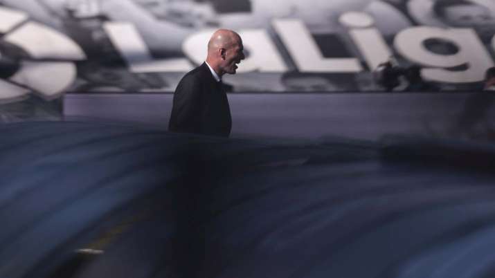 Real Madrid's head coach Zinedine Zidane reacts at the