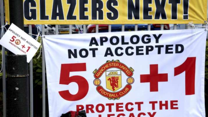 Banners near the stadium as fans protest against the Glazer