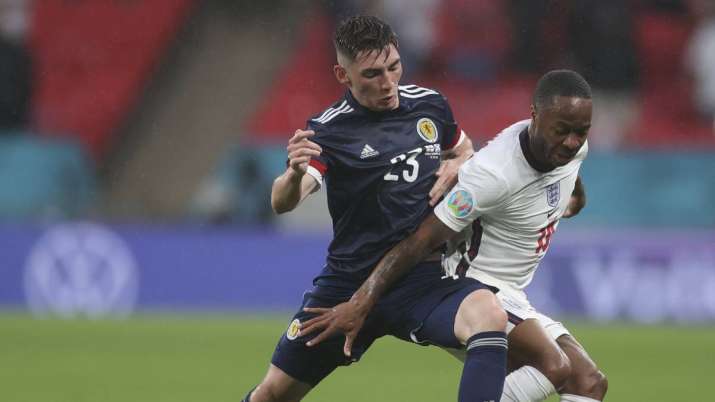 Scotland's Billy Gilmour, left, and England's Phil Foden