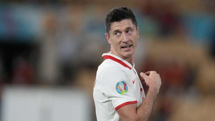 Poland's Robert Lewandowski celebrates after the Euro 2020