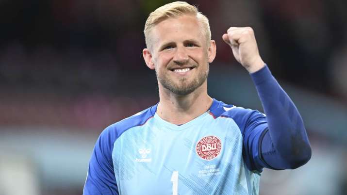Denmark's goalkeeper Kasper Schmeichel celebrates after the
