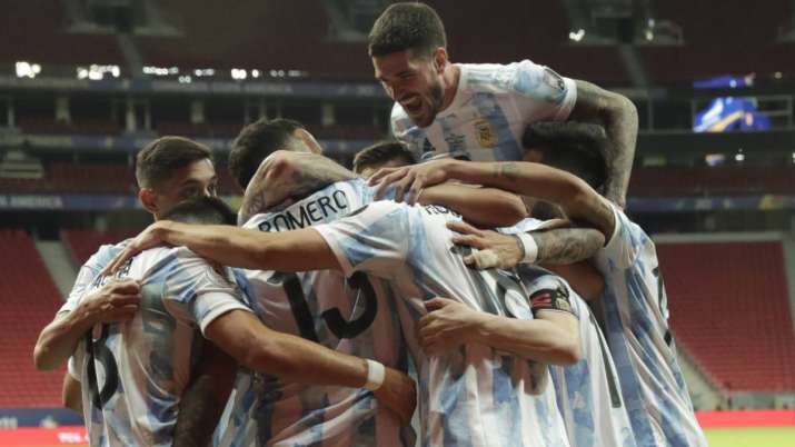 Players of Argentina celebrate their side's opening goal