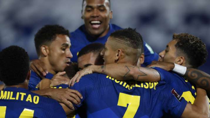 Players of Brazil celebrate their side's opening goal