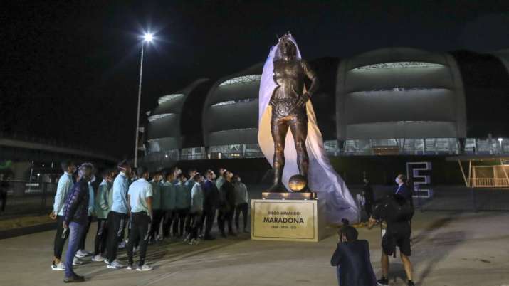Argentina soccer players attend the unveiling of a Diego