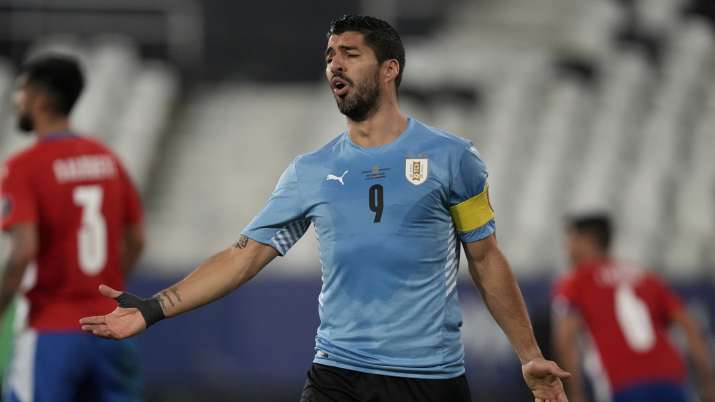 Uruguay's Luis Suarez gestures during a Copa America soccer