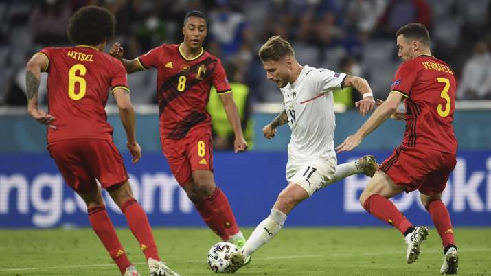 Italy's Ciro Immobile takes a shot during a Euro 2020