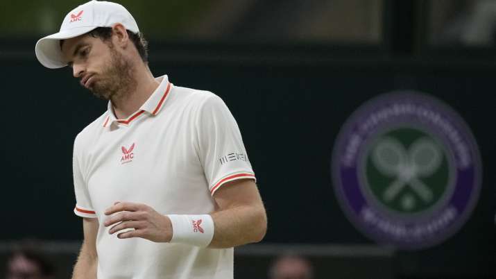 Britain's Andy Murray reacts after losing a point Canada's