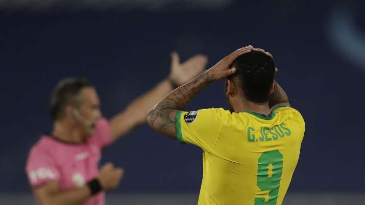 Brazil's Gabriel Jesus reacts after missing a chance to