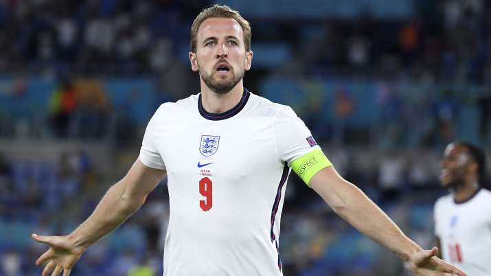 England's Harry Kane celebrates after scoring his side's
