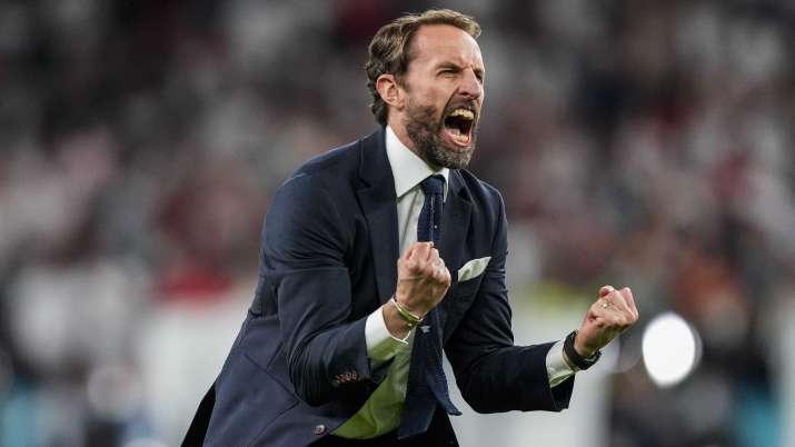 England's manager Gareth Southgate celebrates after winning