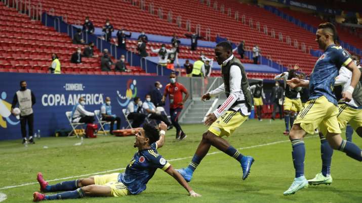 Colombia's Luis Diaz celebrates his team's third goal