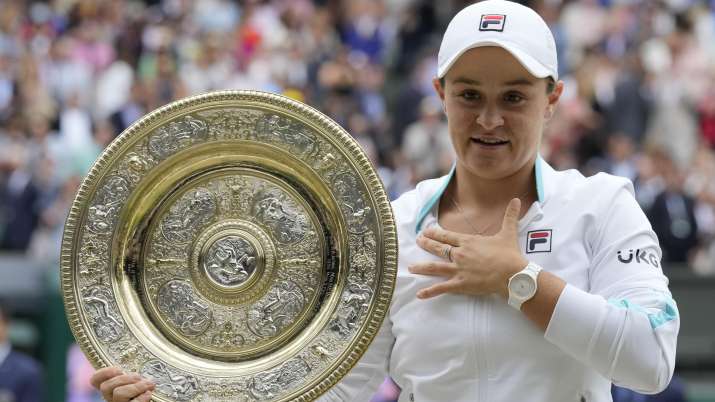 Australia's Ashleigh Barty poses with the trophy for the