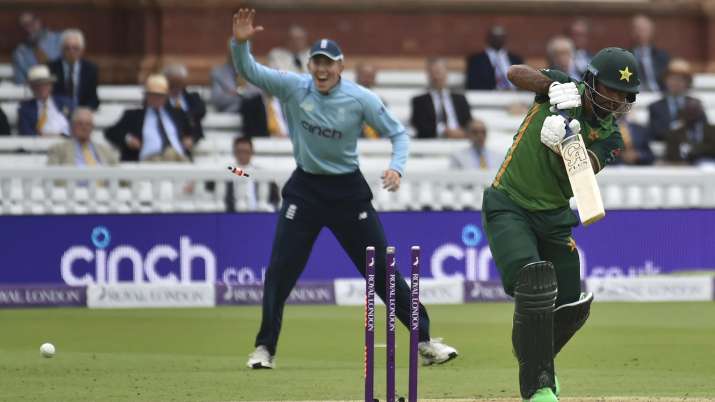 Pakistan's Fakhar Zaman is bowled out by England's Craig