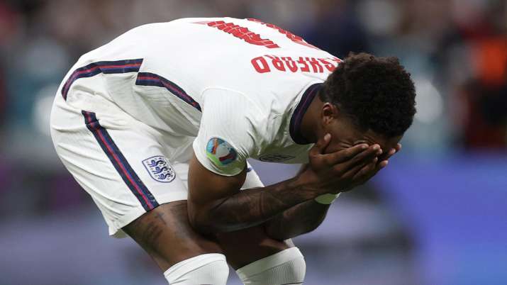 England's Marcus Rashford reacts after failing to score a