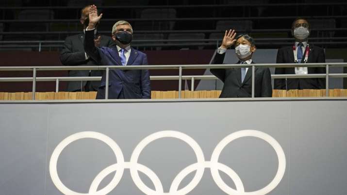 President of the IOC Thomas Bach, left, and Japan's Emperor