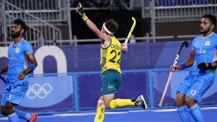 Australia's Flynn Andrew Ogilvie (22) reacts to his goal on