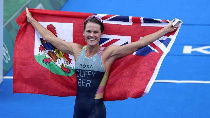 Gold medalist Flora Duffy of Bermuda celebrates after