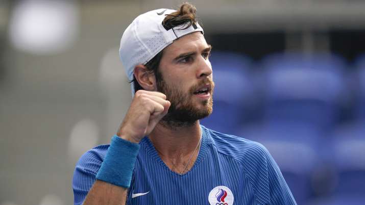 Karen Khachanov, of the Russian Olympic Committee, gestures